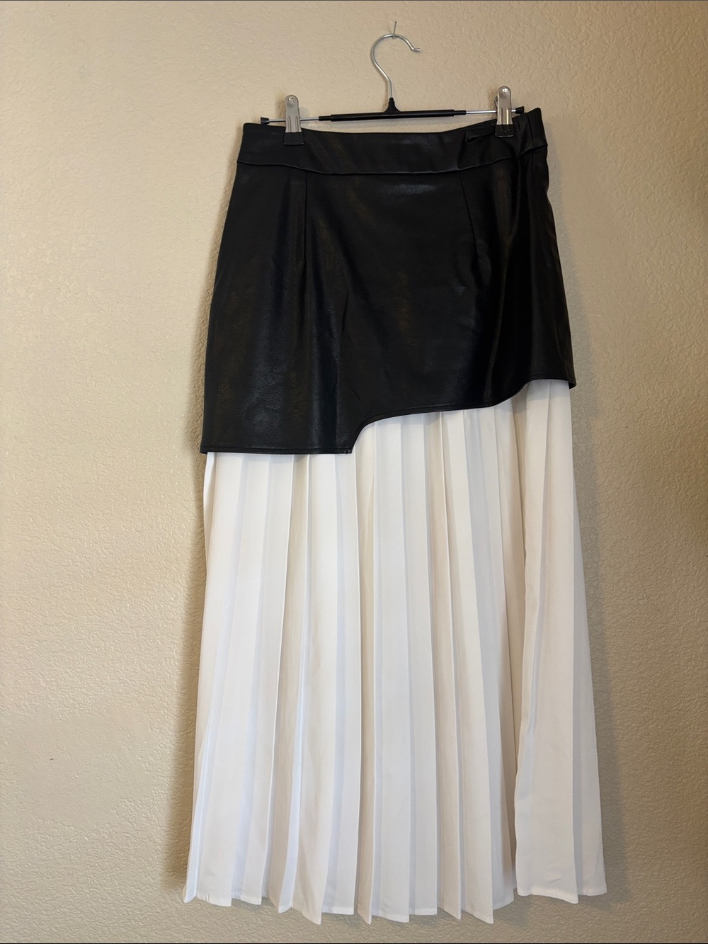 Asymmetric Faux Leather Pleated Layered Skirt